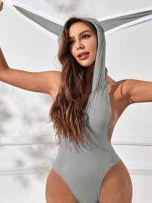 Ning xue yan ying 两件套女士灰色兔子角色扮演服装，包括兔耳朵帽和毛茸茸的尾巴，性感露背连体衣（含丝袜），适合锐舞派对 - 灰色 - 查看 2