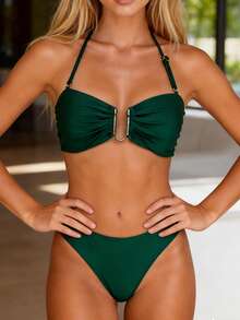 Women Summer Thong String 2 Piece Bikini Set Cheeky Halter Swimsuit - Dark Green - View 2