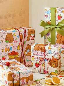 6pcs Capybara Themed Fantasy Gift Wrapping Paper, Mixed Color Animal Pattern, For Children's Birthday Party And Baby Shower, 6 Folded Sheets Per Pack, Party Gift Packaging | Quirky Design | Colorful Print - Multicolor - View 2