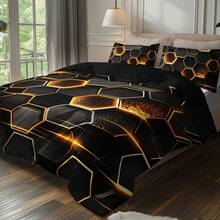 3pcs Cyberpunk Honeycomb Textured Printed Duvet Cover Set, Black & Gold Color Scheme, Hexagonal Honeycomb Pattern With Luminous/Gradient Texture, Futuristic Design, Suitable For Bedroom And Guest Room Bedding Decor (1 Duvet Cover + 2 Pillow Shams, No Filling) - Black - View 5