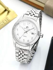 RICECGO 1pc Men's Classic Quartz Steel Strap Wristwatch With Calendar Display, Suitable For Daily Wear, Business Occasions, High-End Exquisite Gift