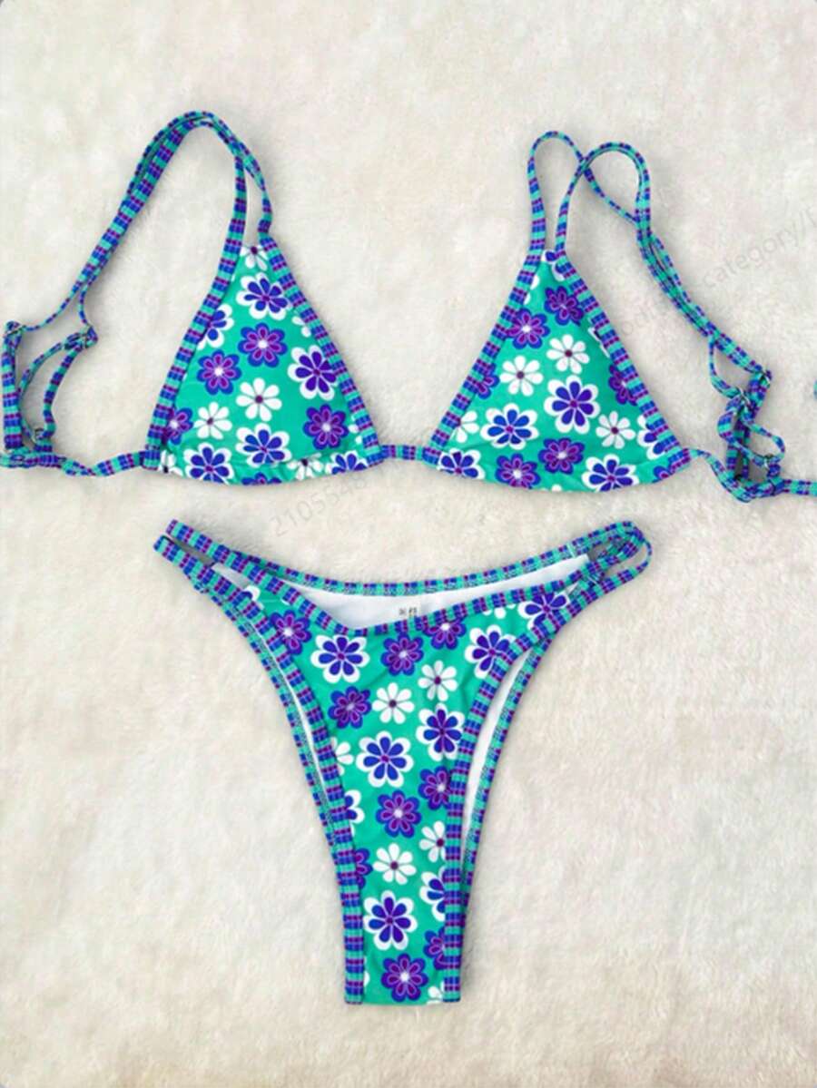 2026 3-Piece Swimsuit Set, Geometric & Tropical Floral Print, Casual Cute Elegant Sexy Bohemian Tie-Front Bikini, Beach Vacation Dress, Summer Women's Outfit - Blue - View 1