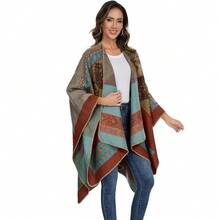 Shawl Wraps For Women, Elegant Knitted Cape Open Front Poncho Scarf Blanket Cardigan Coat For Spring, Autumn, And Winter,OrangeBlue2 - 橘藍2 - 查看 3