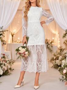 Damklänning för bröllop, brudgåva, elegant spetsklänning med långa ärmar, skolklänning - Vitt - Visa 4