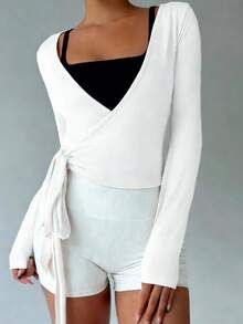 New Women Sports Shawl Collar Long Sleeve Tie Front Top, Machine Washable, Soft & Stretchy, Suitable For Spring/Summer, Yoga & Fitness - White - View 3