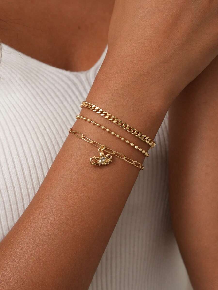Nooxian 3pcs/Set Women Bracelet Set, Bohemian Summer Beach Style, Includes Golden Plated Multi-Layer Basic Chain, Curb Chain, Beaded Chain, Paperclip Chain, Zirconia Octopus Pendant, Multi-Layer Stacking Bracelets, Ocean Series Jewelry Gift - Yellow Gold - View 1