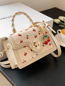 Fashionable High-End Pu Tote Bag With Versatile Square Shape And Cute Cherry Print, Perfect For Shopping, Dating Or Cross-Body For Girls Send Scarf., Best Mother's Day And Valentine's Day Gifts - Cherry trắng - Xem 11