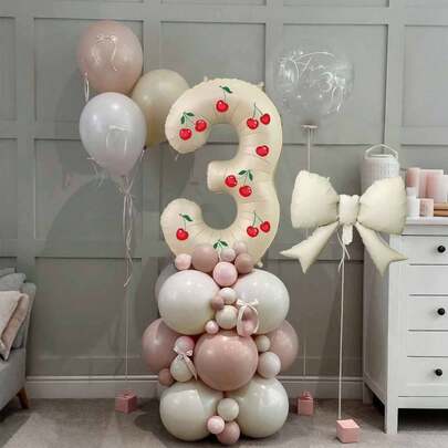 Cherry Decor Milky White Number Balloons 0-9 Columns, Cream & Milky White Number Foil Balloons With Cherry Stickers, Suitable For Cherry Themed Birthday Party, Anniversary, Engagement, Wedding, Shower, Gender Reveal, Birthday Ceremony Room Decor, Photography Props