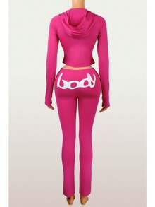 Fall 2025 New Versatile Sexy Letter Print Hooded Long Sleeve Cardigan Top Pant Suit Women's Suit - Màu Hồng Tươi - Xem 4