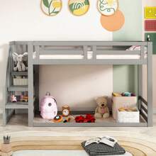 Kinderbett 90*200cm, Niedriges Etagenbett Mit Sicherheitstreppe, Etagenbettgestell Aus Massivholz Mit Lattenrost Grau - Grey - View 4