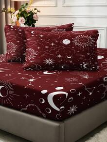 3pcs Mysterious Sun, Moon, Star, Universe, Starry Sky, Divination Themed Digital Print Bedding Set (1pc Fitted Sheet + 2pcs Pillowcases, Excluding Pillow Insert). Made Of Soft And Skin-Friendly Polyester Fiber Fabric, Suitable For Bedroom, Master Bedroom And Guest Room Use All Year Round.