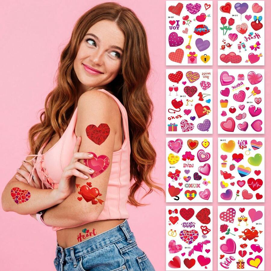 Conjunto de 16 tatuagens temporárias de coração e lábios vermelhos para o Dia dos Namorados, adesivos à prova d'água de beijo sexy com rosa.