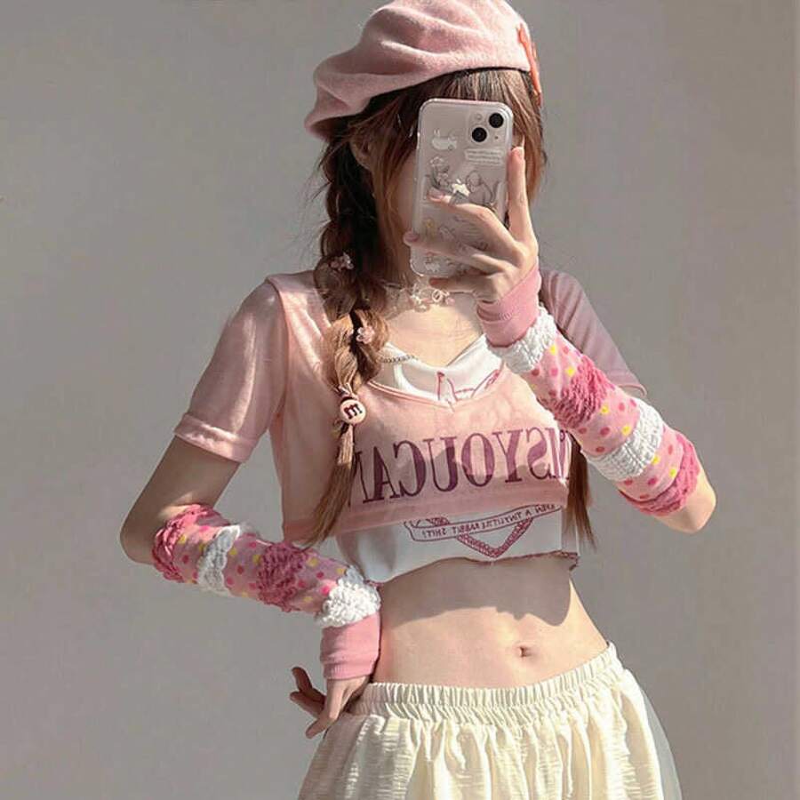 Cute Pink Girl Japanese Y2K Style Long Arm Sleeves Autumn And Winter - Pink - View 1