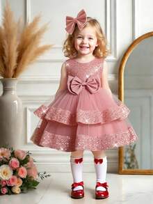 女婴纯色亮片网纱蝴蝶结薄纱蛋糕裙无袖可爱花童派对礼服，不含头饰