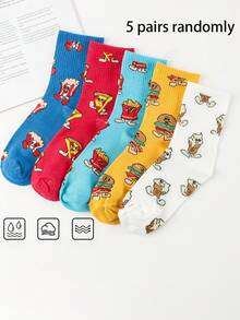 随机5双男士长筒袜，卡通图案，高腰设计，时尚欧美风，及膝长度，适合春秋季穿着，情侣袜 - 彩色 - 查看 5