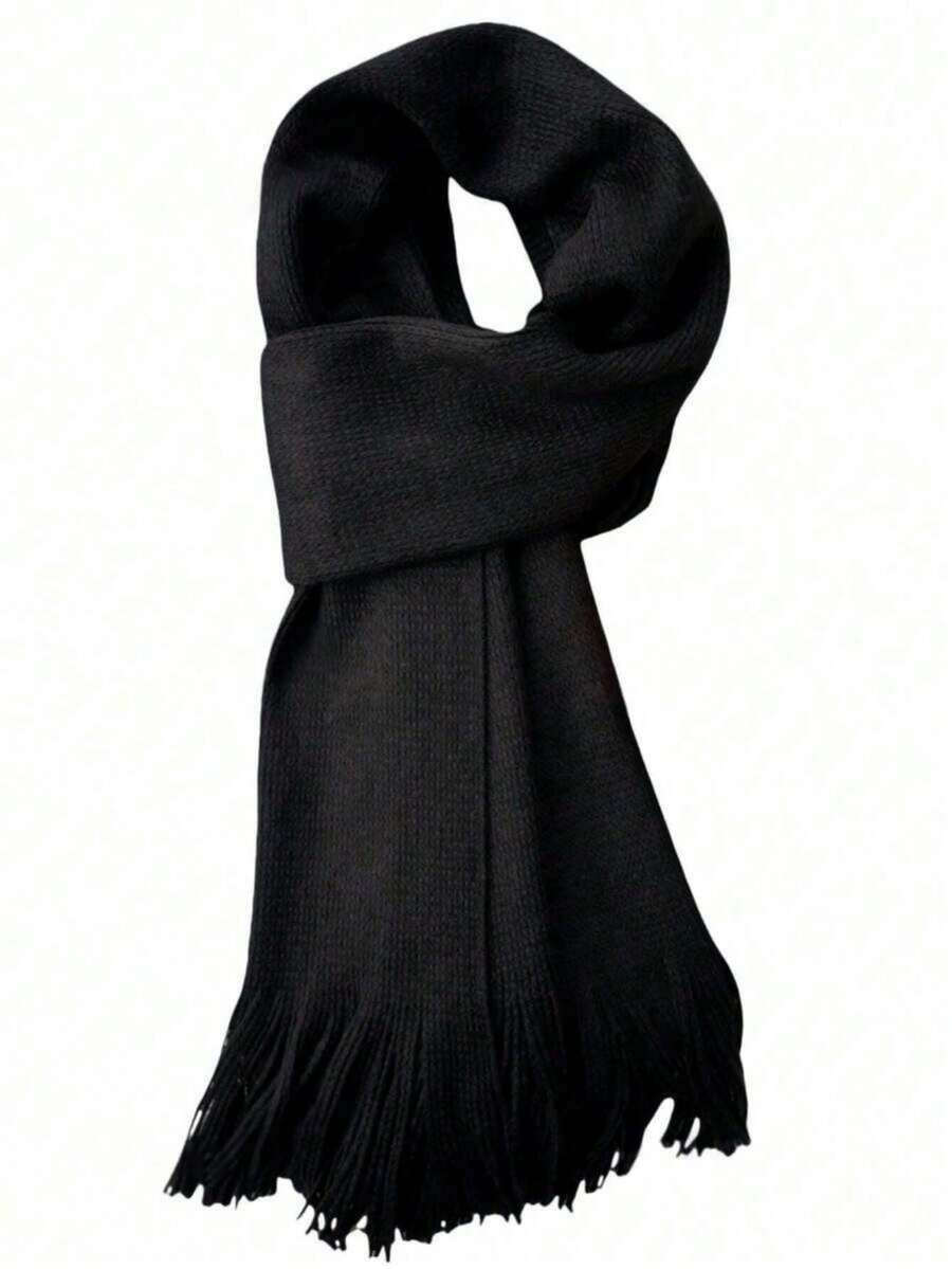 1pc Solid Color Scarf, Unisex Warm Knitted Tassel Long Scarf, Suitable For Spring, Autumn And Winter, Boyfriend Gift, Neck Warmer, Blanket - Black - View 1