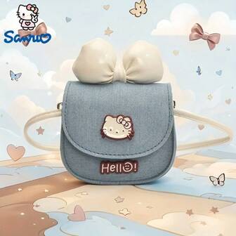 Bolso bandolera mini para mujer con decoración de gatito lindo y lazo - Bolso de mano con personaje de gato de anime japonés, billetera mini cuadrada de nailon, adecuado para uso diario, compras, fiestas - Accesorio con temática Sanrio