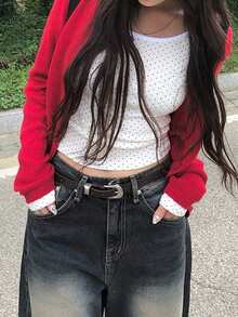 Casual Button-Up Knit Cardigan, Korean Style - Red - View 9