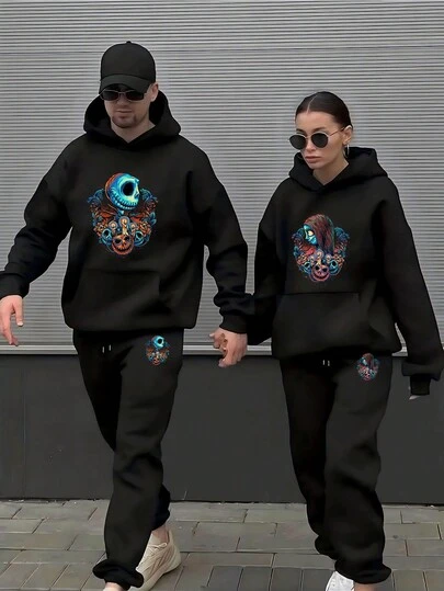Trajes de Pareja para Halloween Sudadera con Capucha y Pantalones Deportivos Estilo Gótico Diseño de Calavera y Calabaza Imprimir Ropa de Novios Moda Casual Suave y Cómodo para Hombres y Mujeres O