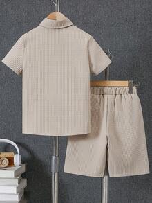 Boys' Shirt Set, Summer Double-Layer Plaid Short Sleeve Pocket Shorts, Symmetrical Pockets Small Lapel Casual Shirt Set, Suitable For 8-12 Years Old Casual Gatherings - Apricot - View 2