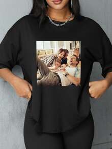 Customized Personalized Sports Gift, Including Plus Size Women's T-Shirt. Add Your Own Photos (Selfie/Landscape/Family/Friends/Couple/Patterns/Pets, Etc.) To Design Your Unique Personalized Printed T-Shirt, The Perfect Gift For Girlfriend, Partner Or Loved One. Black Summer - Black - View 2