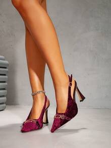 Women's Bestselling Burgundy Velvet Metal Buckle Pointed Toe High Heel Shoes, Thin Heel Backless Vintage Party Pumps - Burgundy - View 4