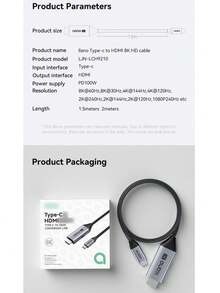 Llano 8K USB C 转 HDMI 2.1 线缆，支持 PD 充电，48Gbps USB Type-C 转 HDMI 编织线（8K@60Hz、4K@144Hz、2K@240Hz） - 黑色 - 查看 11