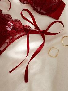 2-Piece Women's Sexy Lingerie, Burgundy Embroidered Lace-Up With Thong - 酒紅色 - 查看 5