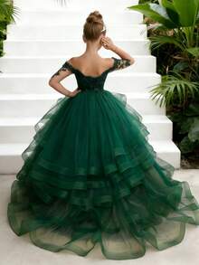 1pc Princess Long Sleeve Flower Girl Dresses Appliques Ruffles Tulle Pageant Dresses For Girls Kids Party Ball Gowns,First Communion Dress,Tween Girls Princess Dress,Birthday,Wedding Or Photoshoot Outfit,Dance Performance Dress,Piano Performance Dress,Perfect For Shows,Birthday Parties,Vacations,Pageant,Prom Dress - 酒紅色 - 查看 2