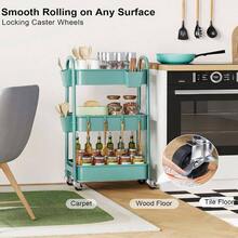 3 Tier Rolling Cart Metal With Wheels, Heavy Duty White Three Tiered Cart Organizer On Wheels, Utility Roller Storage Carts Art, Nursery, Diaper Caddy, Snack, Book, Nail, Cleaning Supplies - 自然綠色 + 三層 + 杯子 + 掛鉤 - 查看 4