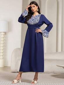 Patchwork Tassel Waist Belt Casual Dress, Suitable For Vacation, Holidays, Spring & Autumn - Navy Blue - View 5