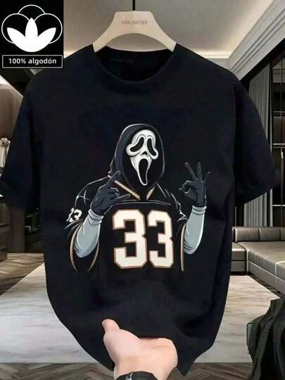 Camiseta 100% algodón para hombre con un elegante estampado de Halloween. Camiseta informal y cómoda de manga corta con cuello redondo. Perfecta para cualquier ocasión de primavera y verano. Color liso, informal y para uso diario. Camiseta ligera y transpirable de manga corta para verano (Tallas S, M, L, XL, XXL y XXXL).