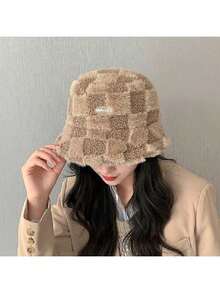 1pc Checkerboard Fleece Warm Bucket Hat, Fashionable & Versatile, Suitable For Autumn/Winter - Brown - View 7