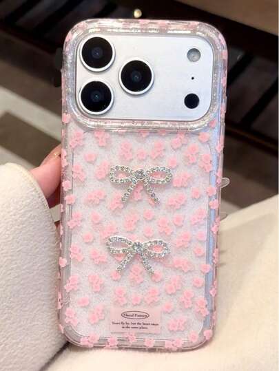 Bow-Knot 1pc Shiny Rhinestone Bow & Pink Rose Pattern Phone Case, Suitable For IPhone 17 Pro Max, 17 Pro, 17, 16 Pro Max, 16 Pro, 16, 16, 15 Pro Max, 15 Pro, 14 Pro Max, 14 Pro, 13, 12 Pro Max, 11, 16, 15, 14 Plus, Fashionable Glitter Floral Soft Back Cover