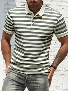 Knitted Men's Striped Polo Shirt - Fashionable & Comfortable - Knitted - Green - View 3