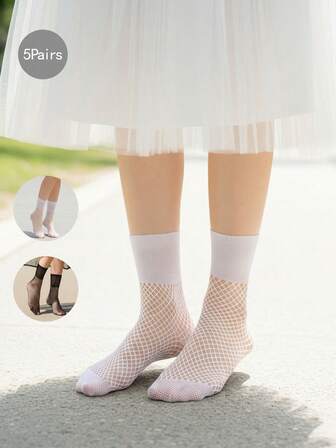 5 Pairs Women's Fishnet Mesh Stockings, Versatile Sheer Hollow-Out Elastic Solid Color Mid-Calf Socks