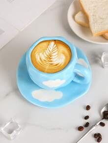 一套高品质手绘云朵咖啡杯碟，陶瓷材质，适合作为礼物，可作水杯、咖啡杯、牛奶杯、茶杯。 - 彩色 - 查看 1