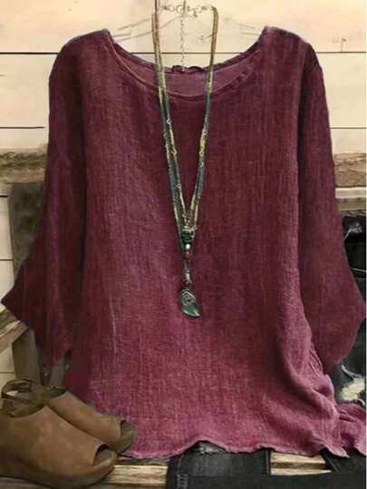 Plus Size Women's Solid Color Round Neck Loose Casual Blouse