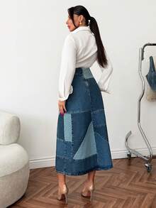 Women Denim Patchwork Midi Skirt Non-Stretch Casual High Waist A-Line Skirt - Blue - View 1