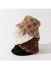 1pc Autumn/Winter Plush Warm Bucket Hat, Fashionable & Versatile, Visually Slimming, Checkered Pattern Bucket Hat - Brown - View 1