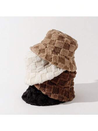 1 pieza Sombrero de cubo de felpa cálido de otoño/invierno, de moda y versátil, visualmente estilizador, sombrero de cubo con estampado de cuadros