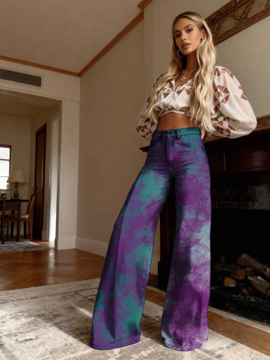 Women'S High-Waisted Wide-Leg Jeans - Stretchy Non-See-Through Pants With Purple & Teal Tie-Dye Pattern, Loose Fit Flared Leg Opening - Nhiều màu - Xem 1