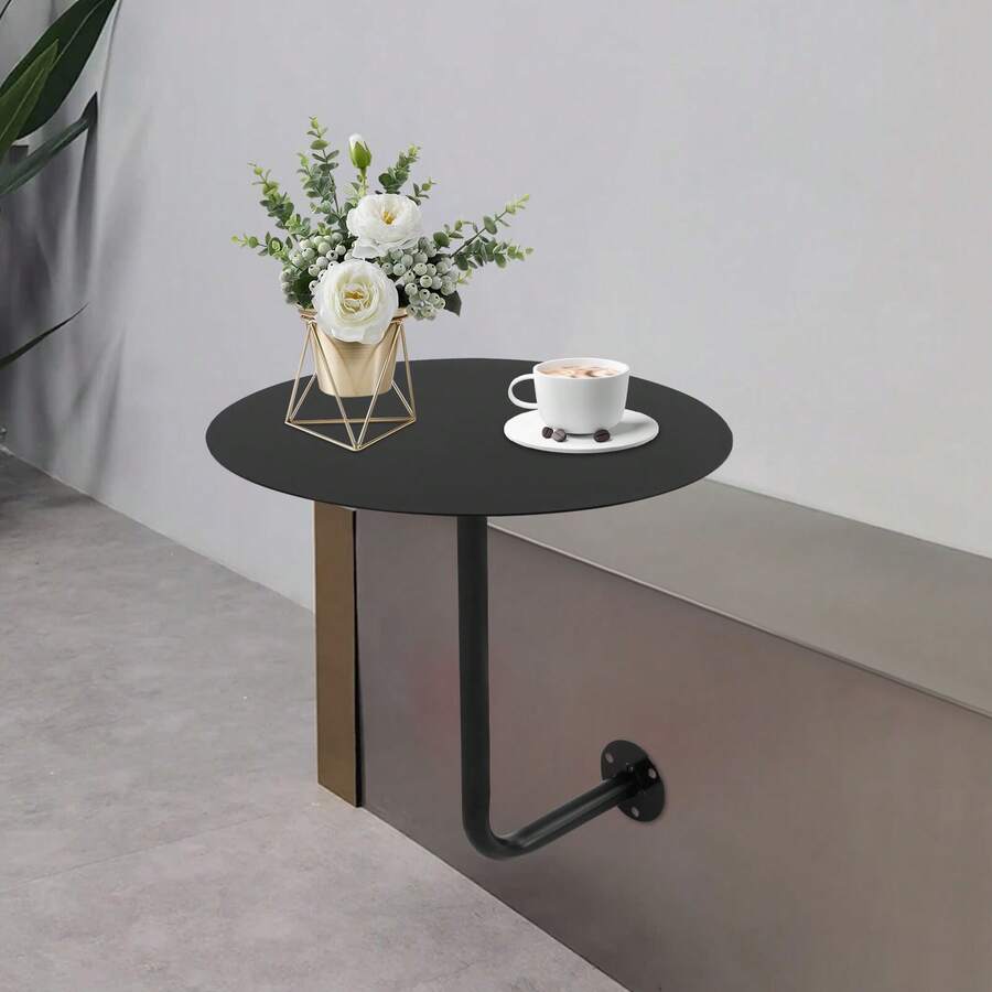 SanBouSi Wall-Mounted Minimalist Round Table With Black Iron Top, Space-Saving, Durable, Stylish Design For Bars, Kitchens, Offices, And Small Spaces - Black - View 1