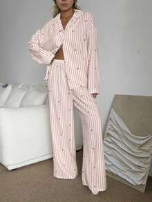 Nina Bonheur 2pcs Women Loose Comfortable Breathable Long Sleeve Top And Long Pants Pajama Set, Cute Home Wear - Pink - View 5