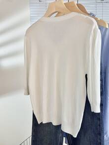 Wixra Women's V-Neck Short Sleeve Knit Top, Slim Fit, Cropped Sleeve, Spring/Summer - White - View 6