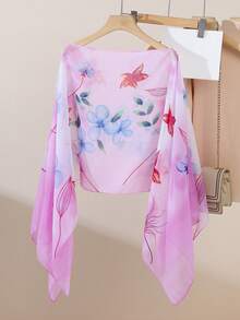 1 件新款春夏女士轻质花卉印花雪纺围巾，百搭仿珍珠纽扣斗篷，适合旅行和日常使用配饰女士情人节 - 彩色 - 查看 17