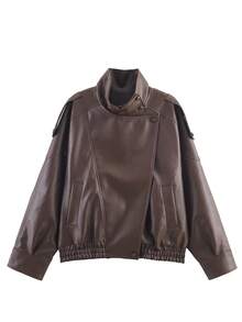 女士棕色PU皮夹克，秋冬季飞行员夹克外套，休闲大衣，长袖上衣，冬季纽扣夹克 - 紫紅色 - 查看 5