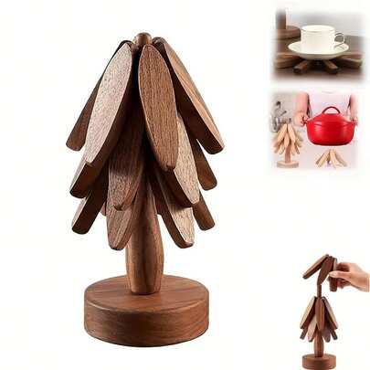 2PCS Wooden Coaster Set In Walnut & Natural Wood – Elegant, Heat-Resistant Tree Design For Hot Pots, Ramadan & Christmas Kitchen Gifts, Non-Slip Premium Finish