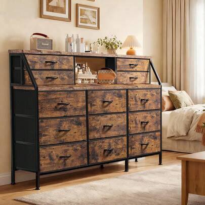 Cómoda Cajonera Marron, Cómoda con 13 Cajones Grandes y 2 Estantes, Cómoda Larga para Armario, Adecuada para Sala de Estar, Pasillo, Dormitorio, 140 * 28 * 90CM