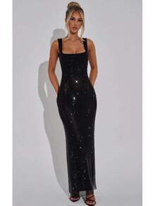 New Sexy Double Strap Sequin Mesh Dress Elegant Waist-Cinching Pullover Bodycon Evening Gown - 黑色 - 查看 11